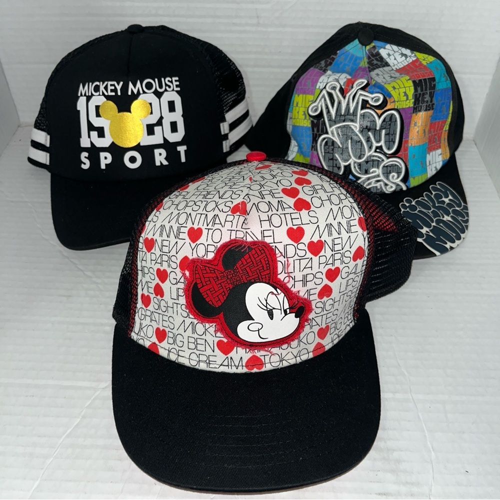 Disney Parks Mickey and Minnie Mouse Trucker Hats lot 3 black red adjustable OS